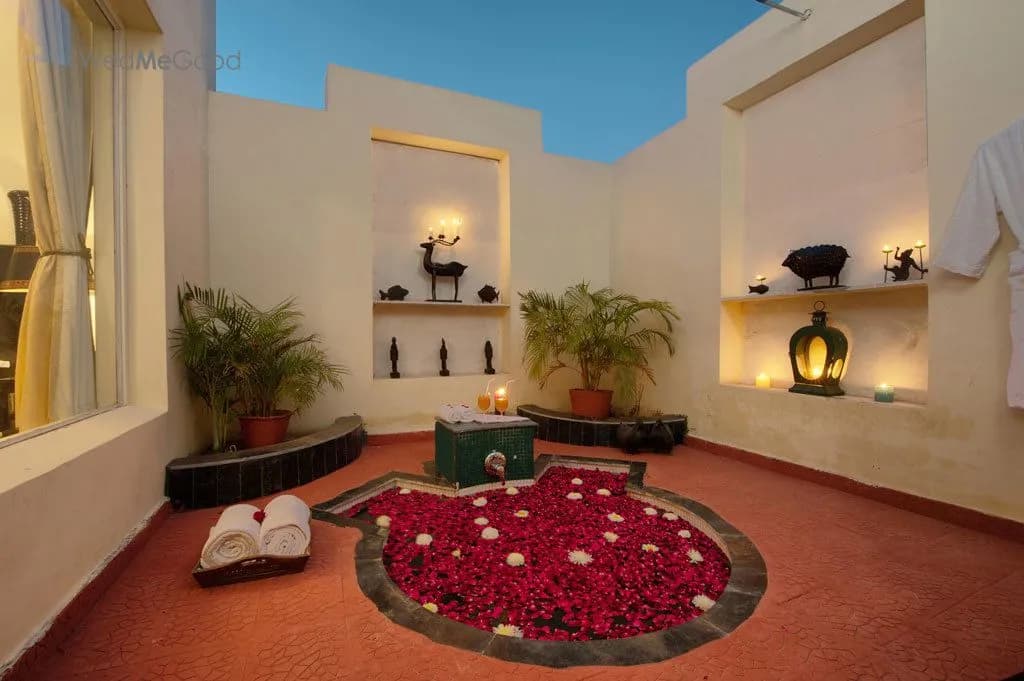 Hamam swimming pool and themed poolside setting at Aaram Baagh Resort Pushkar