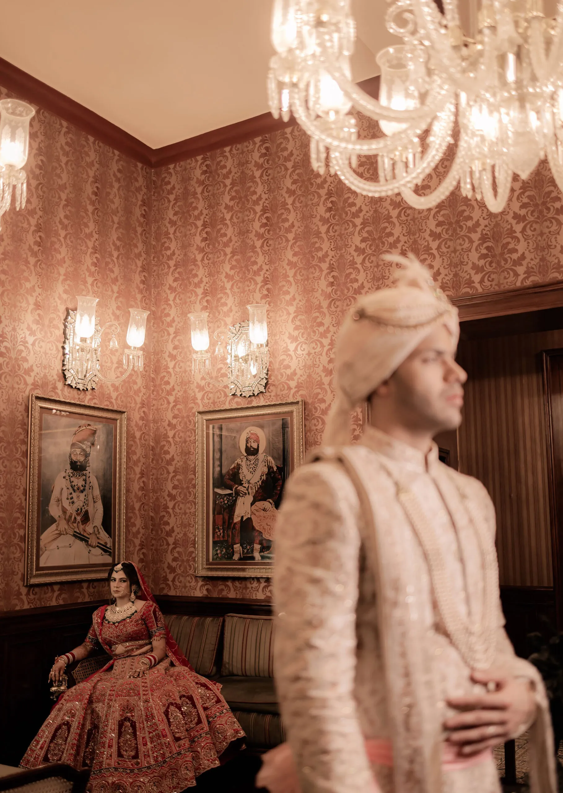 Bride and groom portrait in a heritage drawing room at Ajit Bhawan Palace Jodhpur
