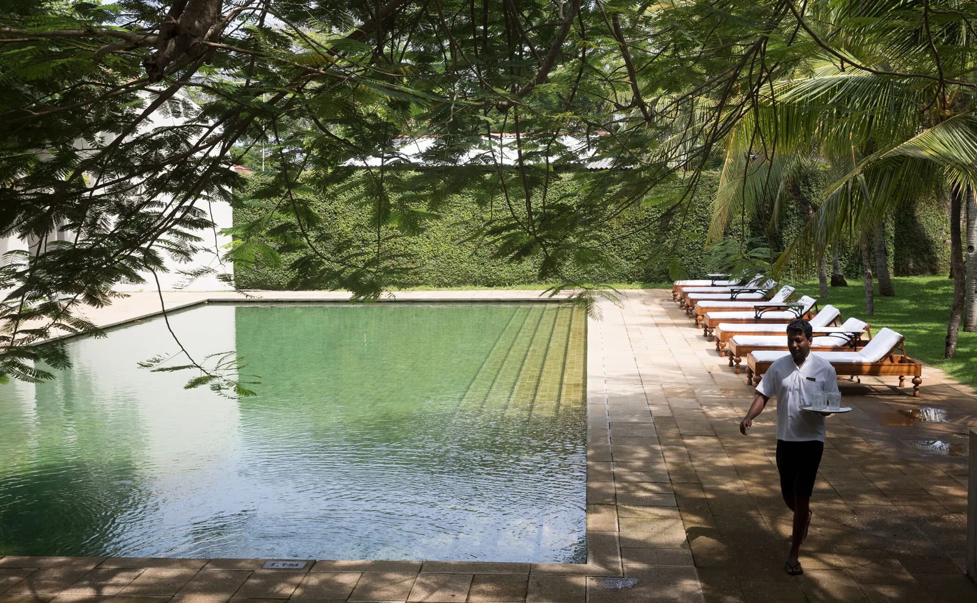 Green garden plunge pool and wooden boardwalk in the walled garden at Amangalla Galle