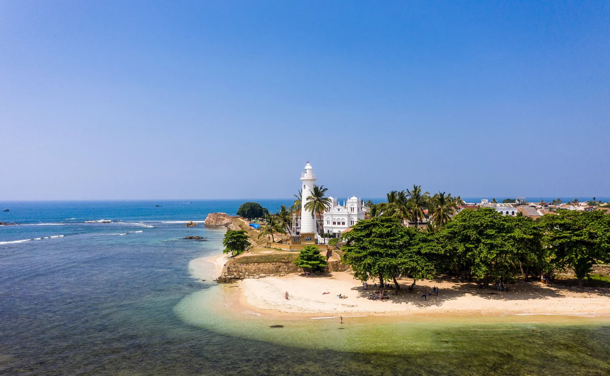 Aerial view of Galle Fort ramparts and lighthouse peninsula near Amangalla, Sri Lanka