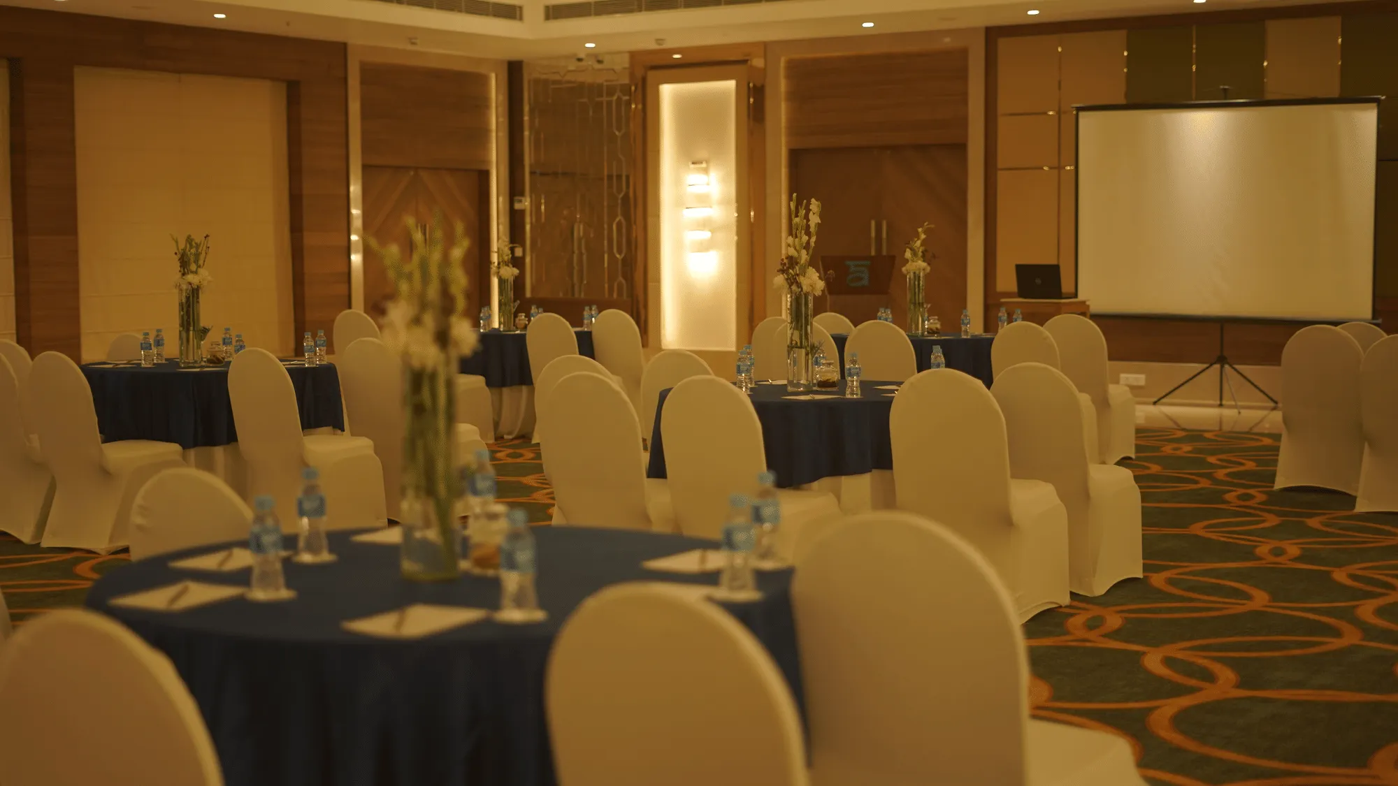 Outdoor lawn reception setup under the Aravalli evening sky at Ananta Spa & Resort Pushkar