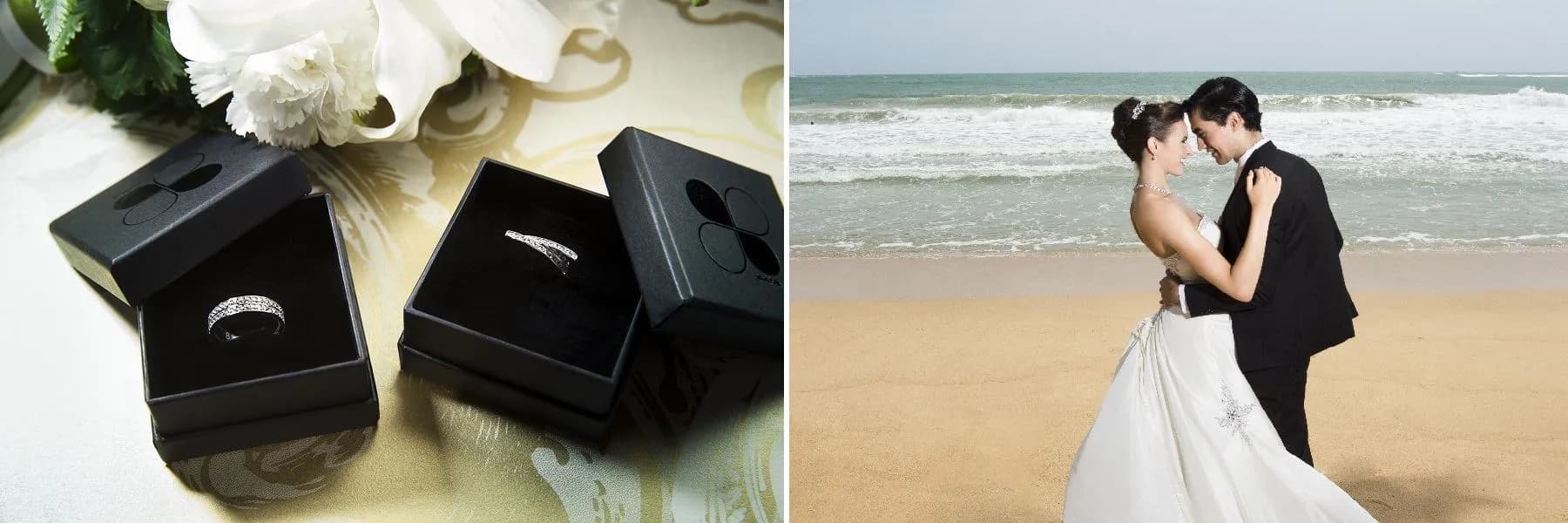 Wedding rings and a couple embracing on the beach at Anantara Kalutara, Sri Lanka