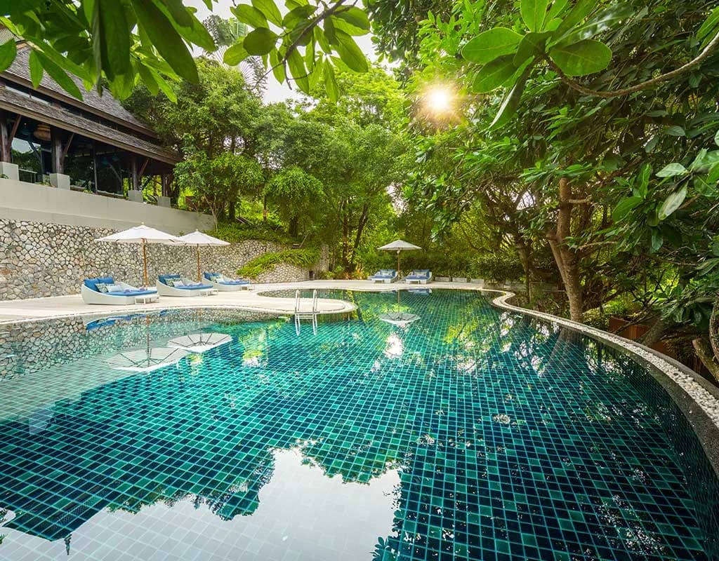 Anantara Layan Phuket Resort swimming pool deck above the Layan Beach cove, Andaman coast