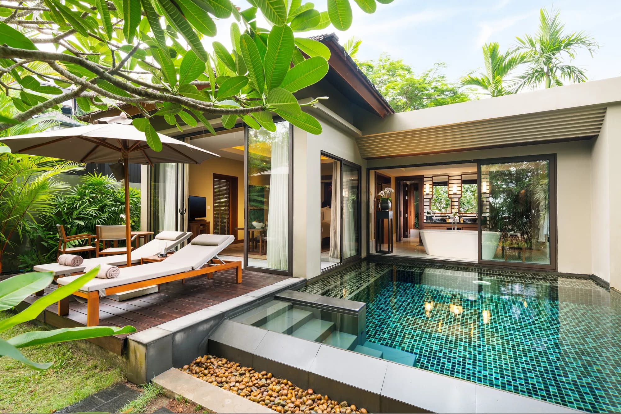 Guest pool villa with terrace and private pool for wedding celebrations at Anantara Layan Phuket Resort