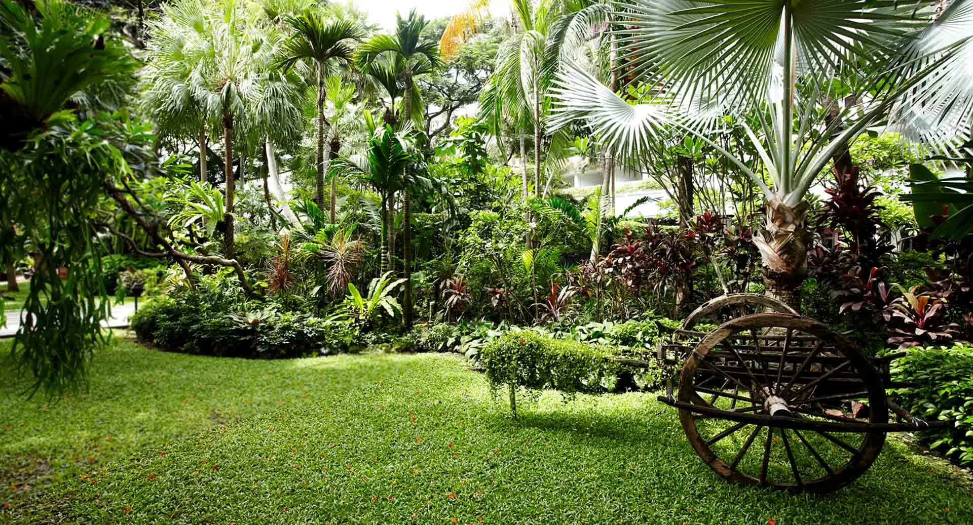 Lush tropical riverfront gardens across the 11-acre grounds at Anantara Riverside Bangkok Resort