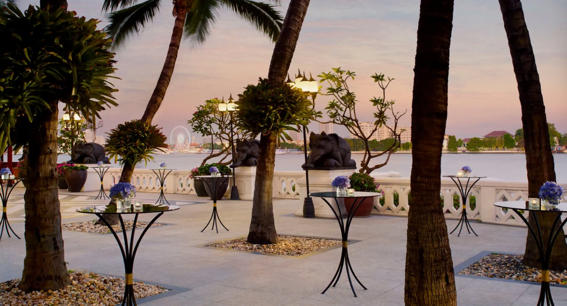 Grand Sala set for a cocktail reception by the Chao Phraya River at Anantara Riverside Bangkok Resort