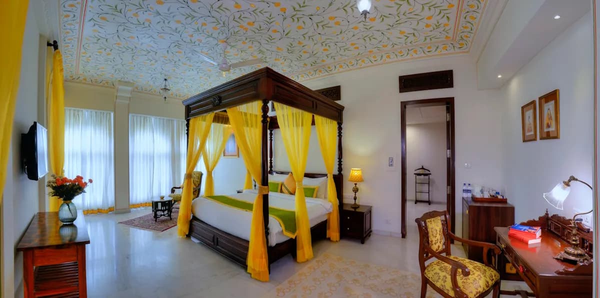 Plush thematic suite with Rajasthani decor inside Anuraga Palace Ranthambore