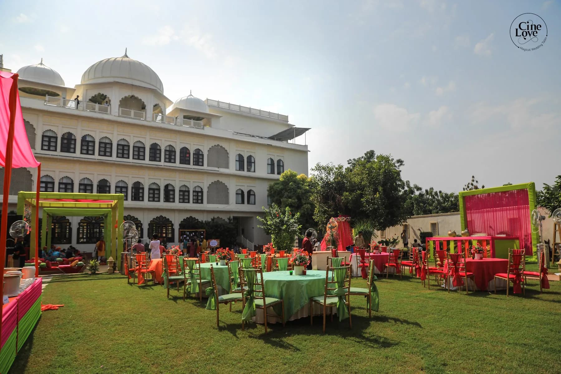 Anuraga Palace white haveli and lawns at golden hour, Ranthambore