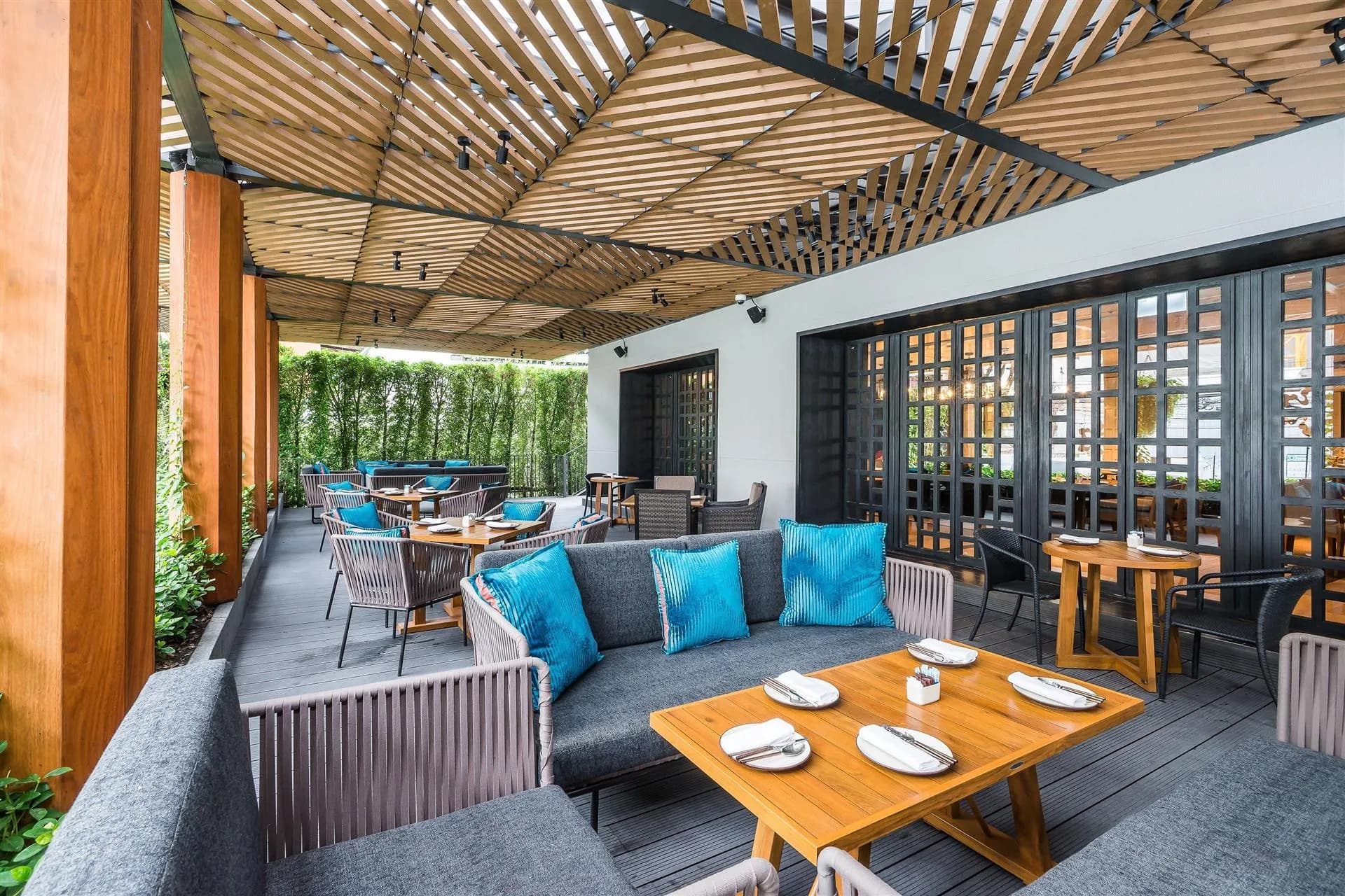 Rooftop pergola terrace seating area for an outdoor ceremony at Bangkok Marriott Marquis Queen's Park