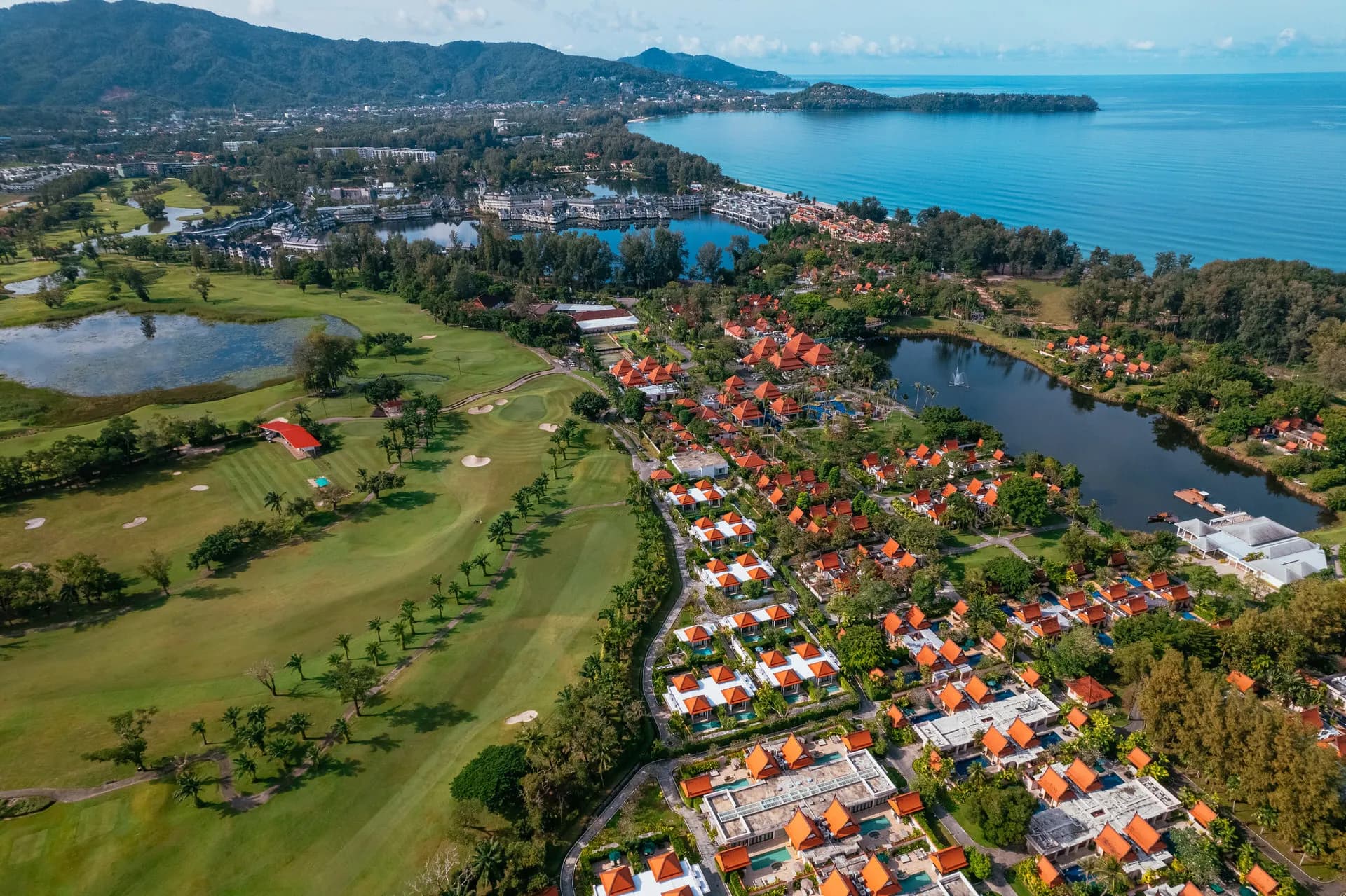 Resort overview of Banyan Tree Phuket gardens, lagoon and the Laguna Phuket complex, Thailand