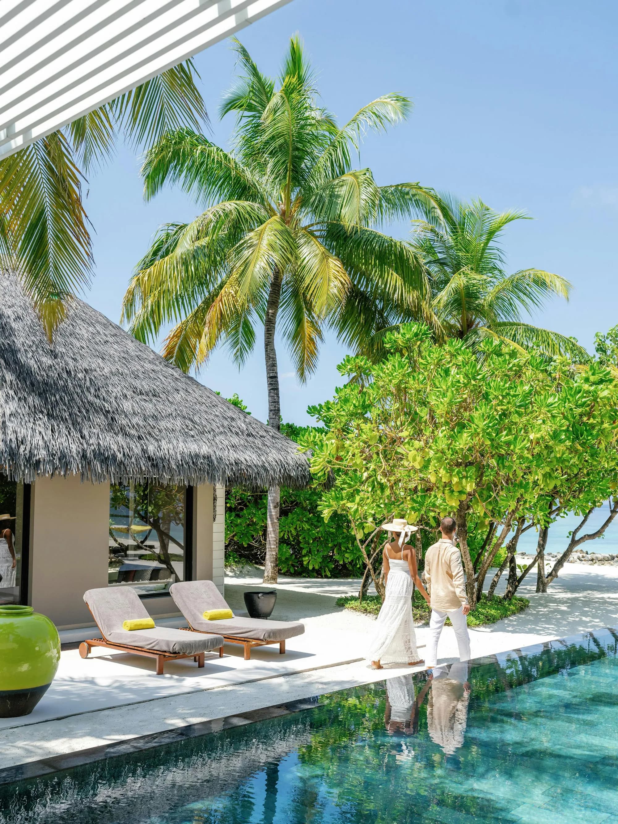 Island Villa terrace and tropical garden setting at Cheval Blanc Randheli, Maldives