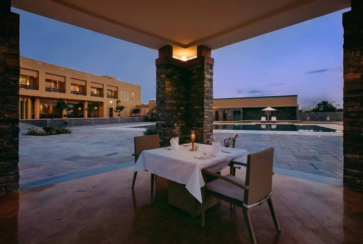 Party hall cum restaurant set for a wedding dinner at Dera Masuda resort Pushkar