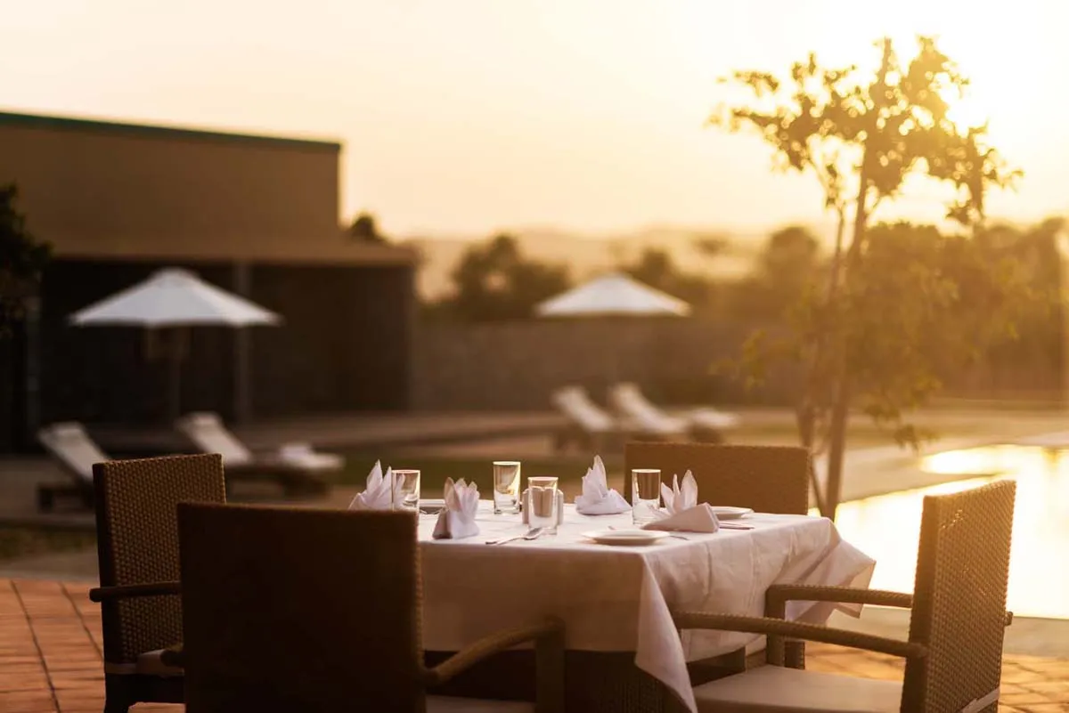 Indo-Saracenic arch and contemporary design detail at Dera Masuda resort Pushkar