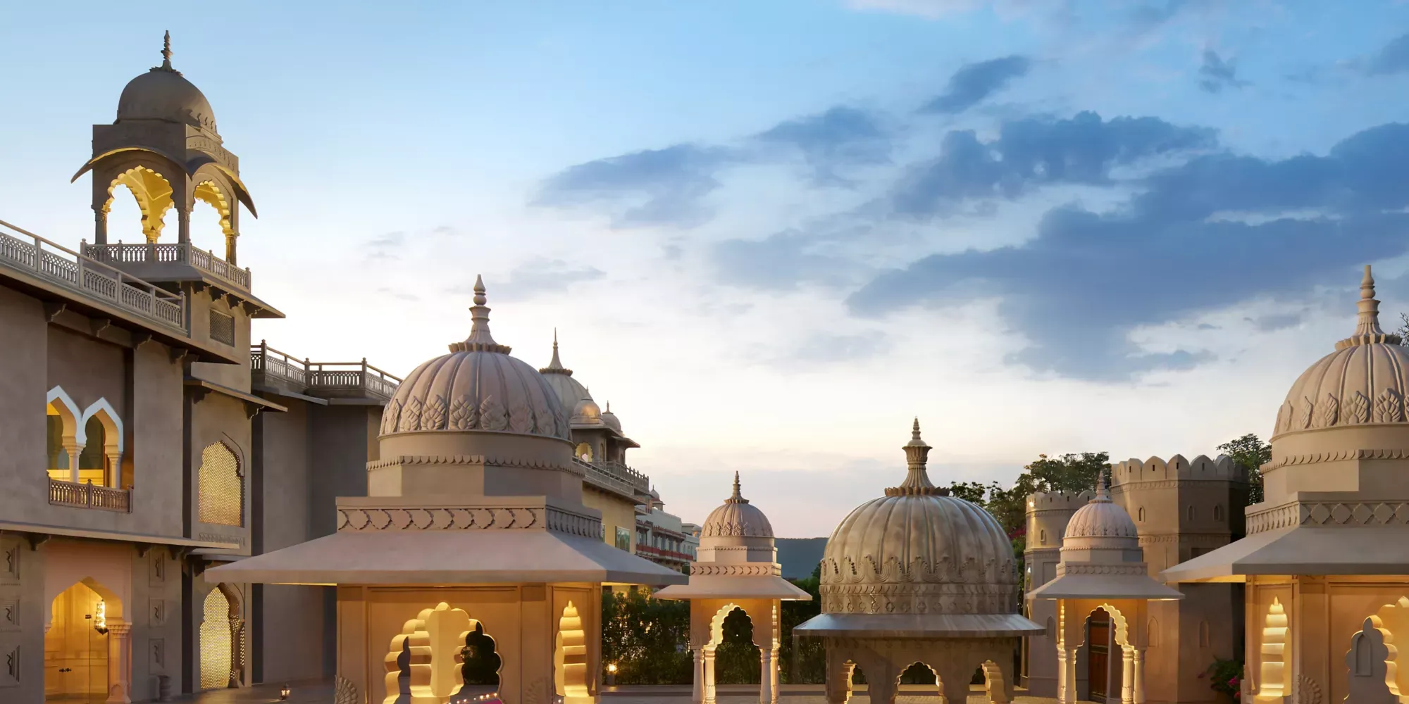 Grand staircase and arrival porte-cochere with jharokha balconies at Fairmont Jaipur