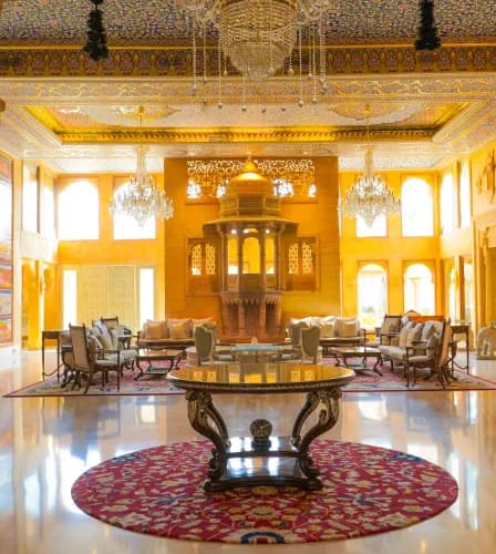 Open-lawn reception setup at Fort Rajwada Jaisalmer sandstone palace-hotel