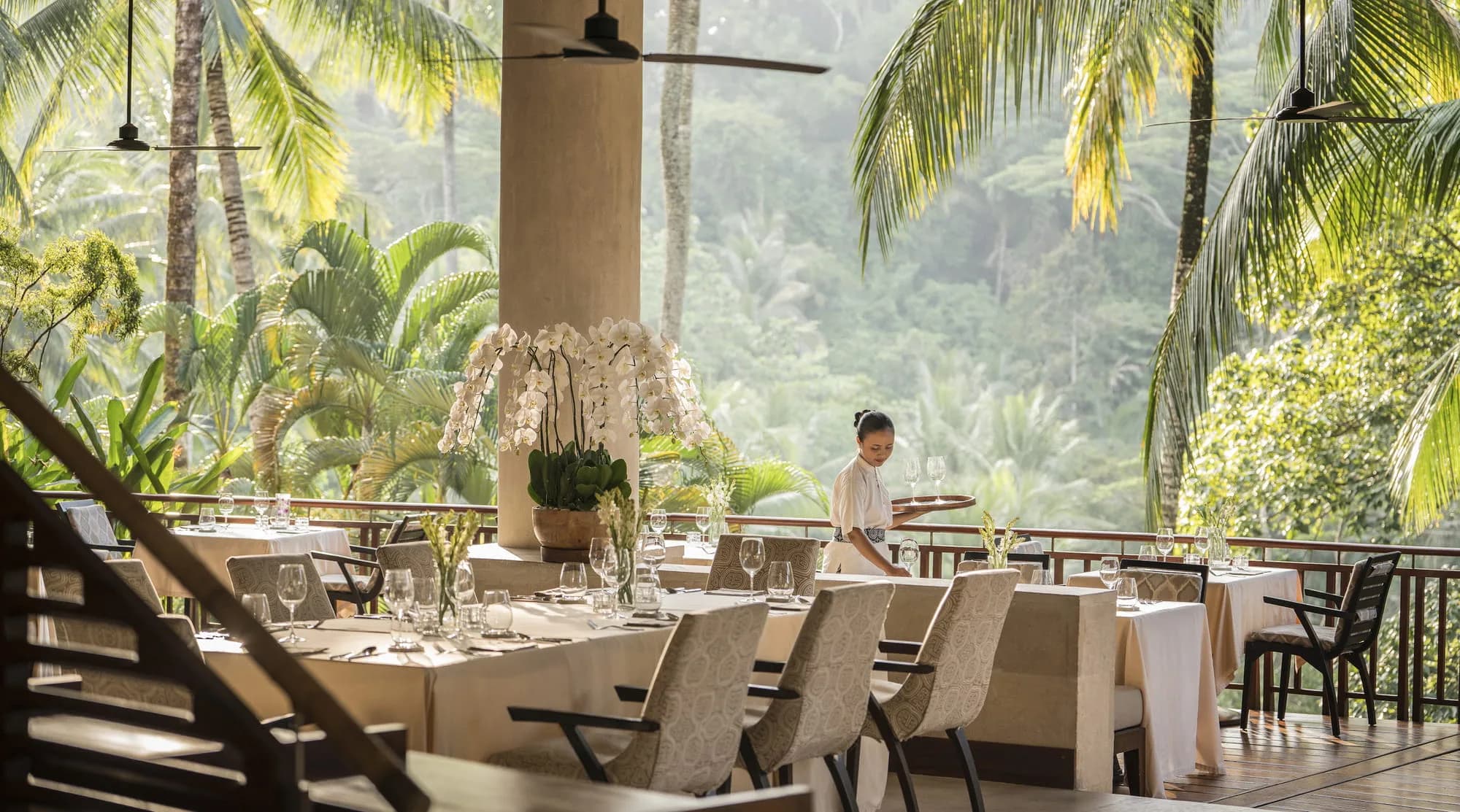Evening function set up on the Riverside Pool Terrace beside the Ayung River at Four Seasons Resort Bali at Sayan Ubud Bali