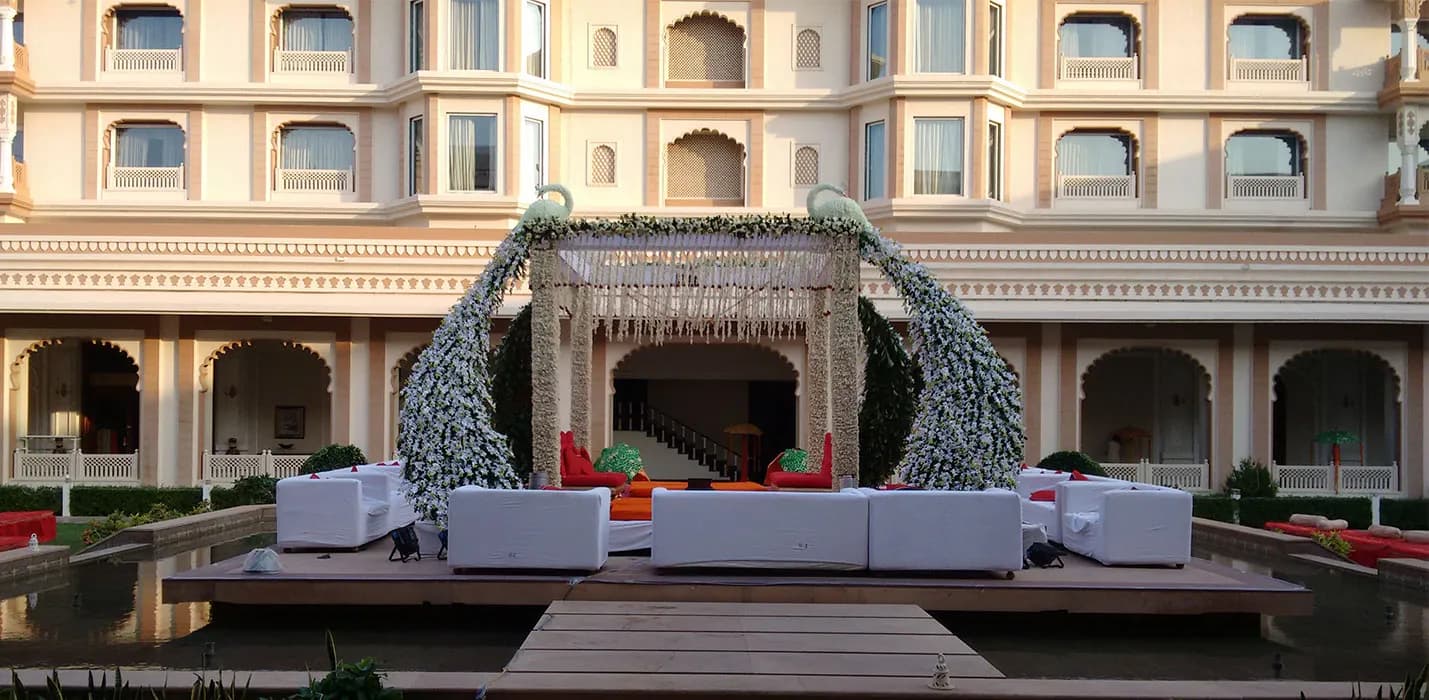 Palace lawn reception setup staged for an evening function at Indana Palace Jodhpur