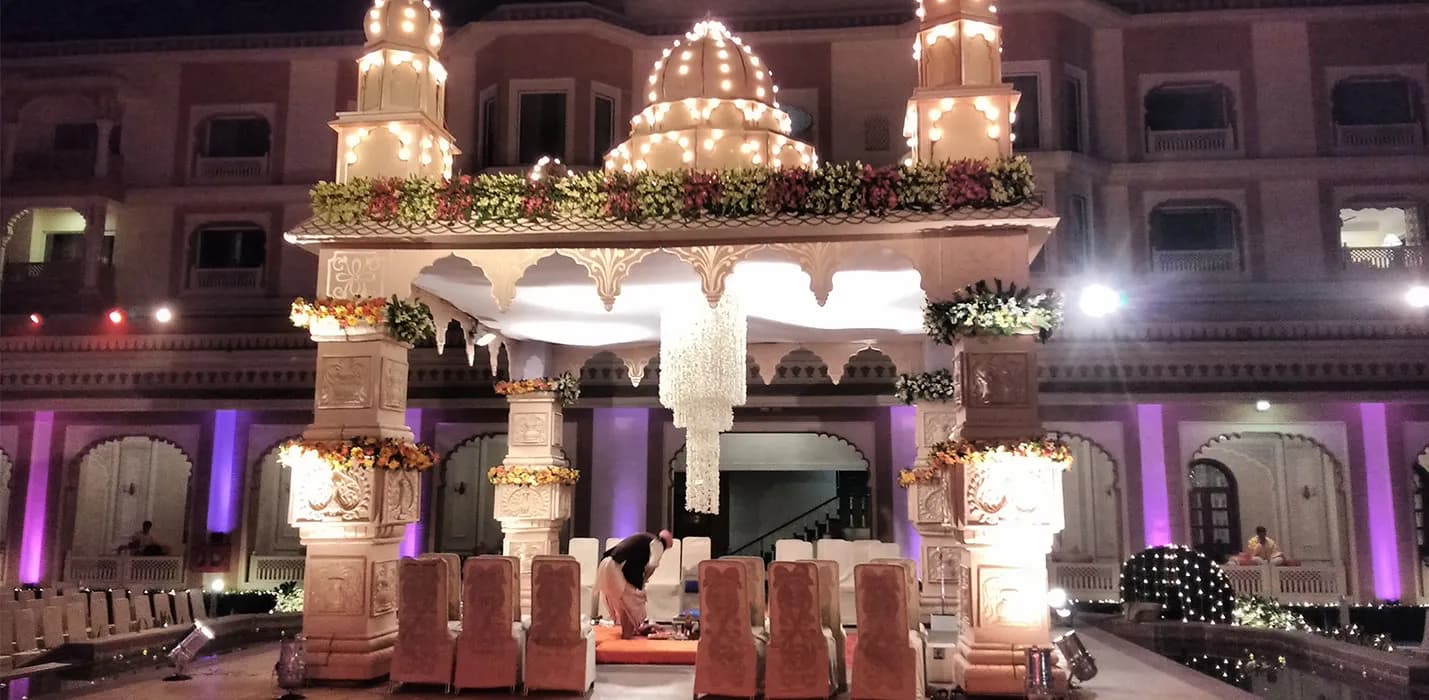 Traditional Marwar arches, domes and wedding decor detail at Indana Palace Jodhpur