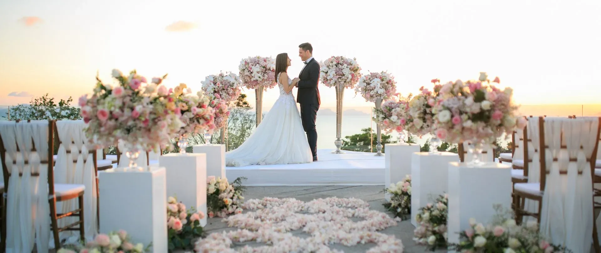 InterContinental Koh Samui Resort beachfront wedding ceremony aisle overlooking the Gulf of Thailand at sunset, Taling Ngam Koh Samui Thailand