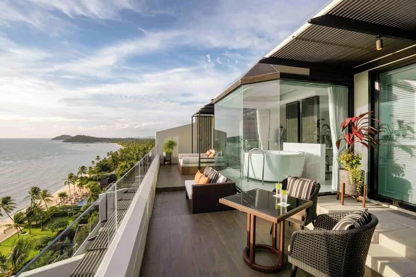 Panoramic ocean-view suite balcony overlooking the Gulf of Thailand at InterContinental Koh Samui Resort