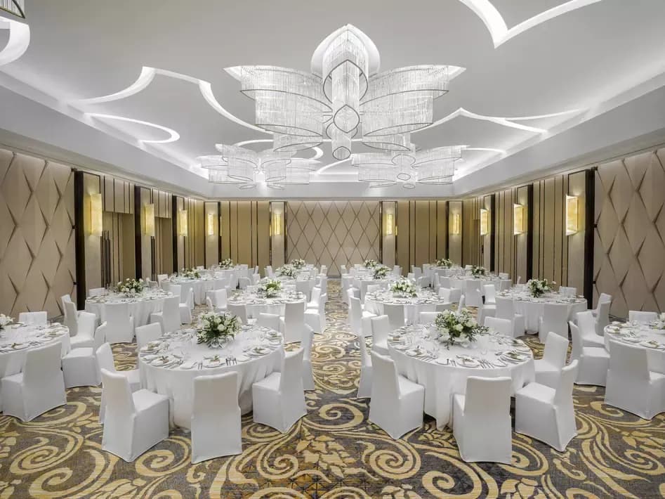 Pillarless Arlang Ballroom set for a banquet reception at InterContinental Phuket Resort