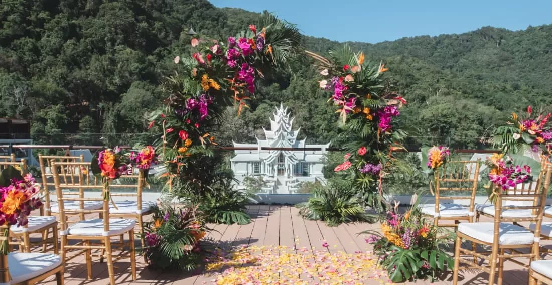 Wedding reception floral arrangement and table styling at InterContinental Phuket Resort