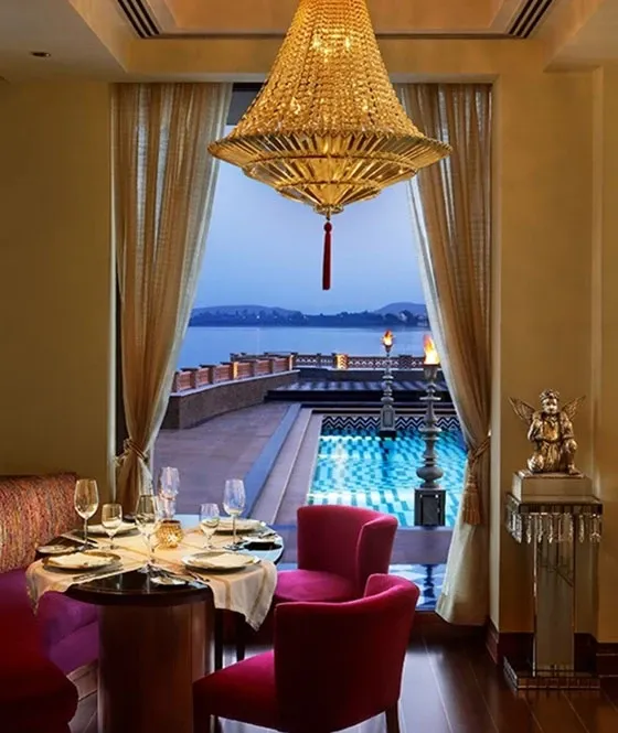 The Dining Room overlooking Lake Pichola at The Leela Palace Udaipur