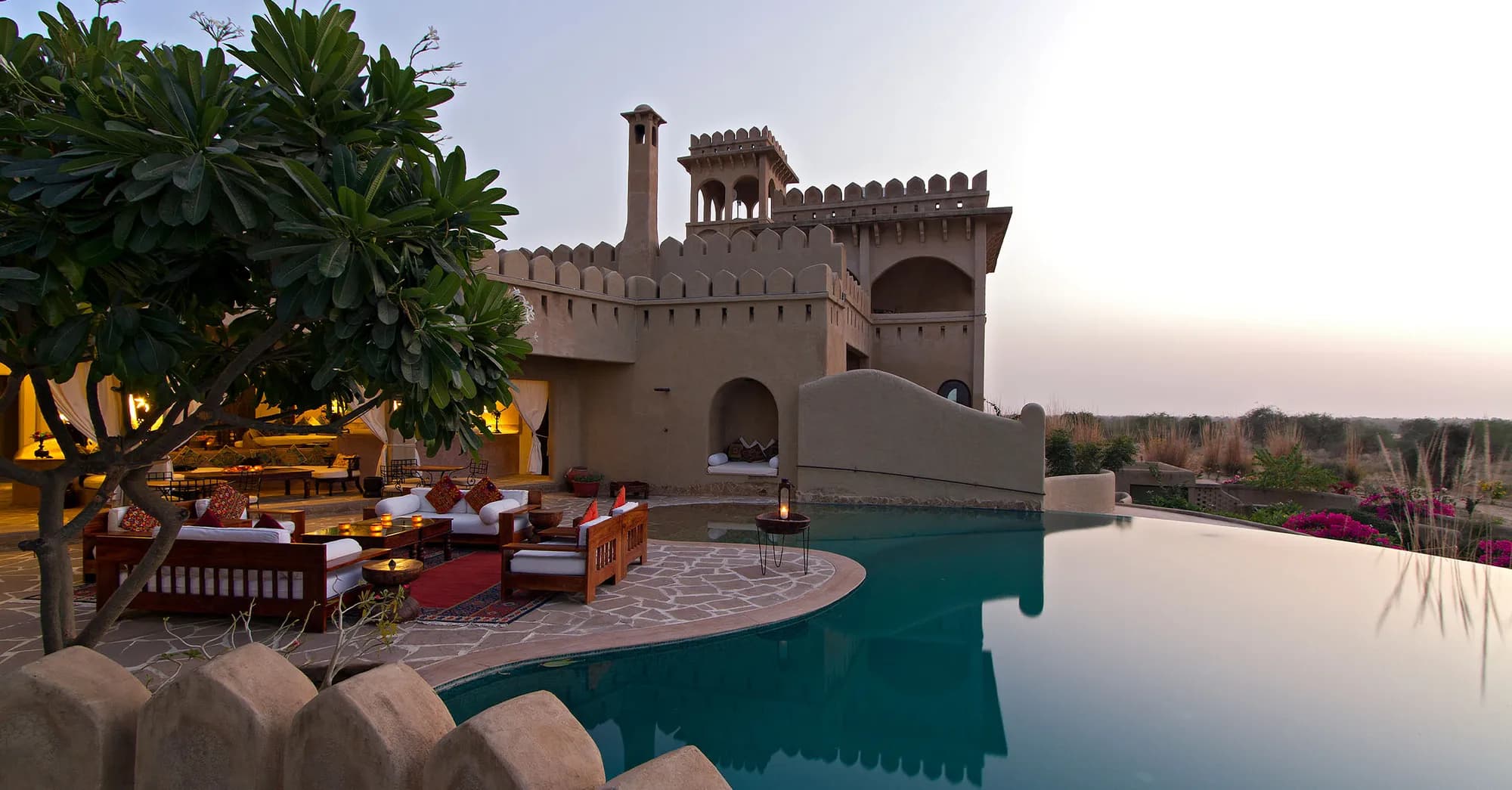 Swimming pool and central courtyard at Mihir Garh desert fort near Jodhpur