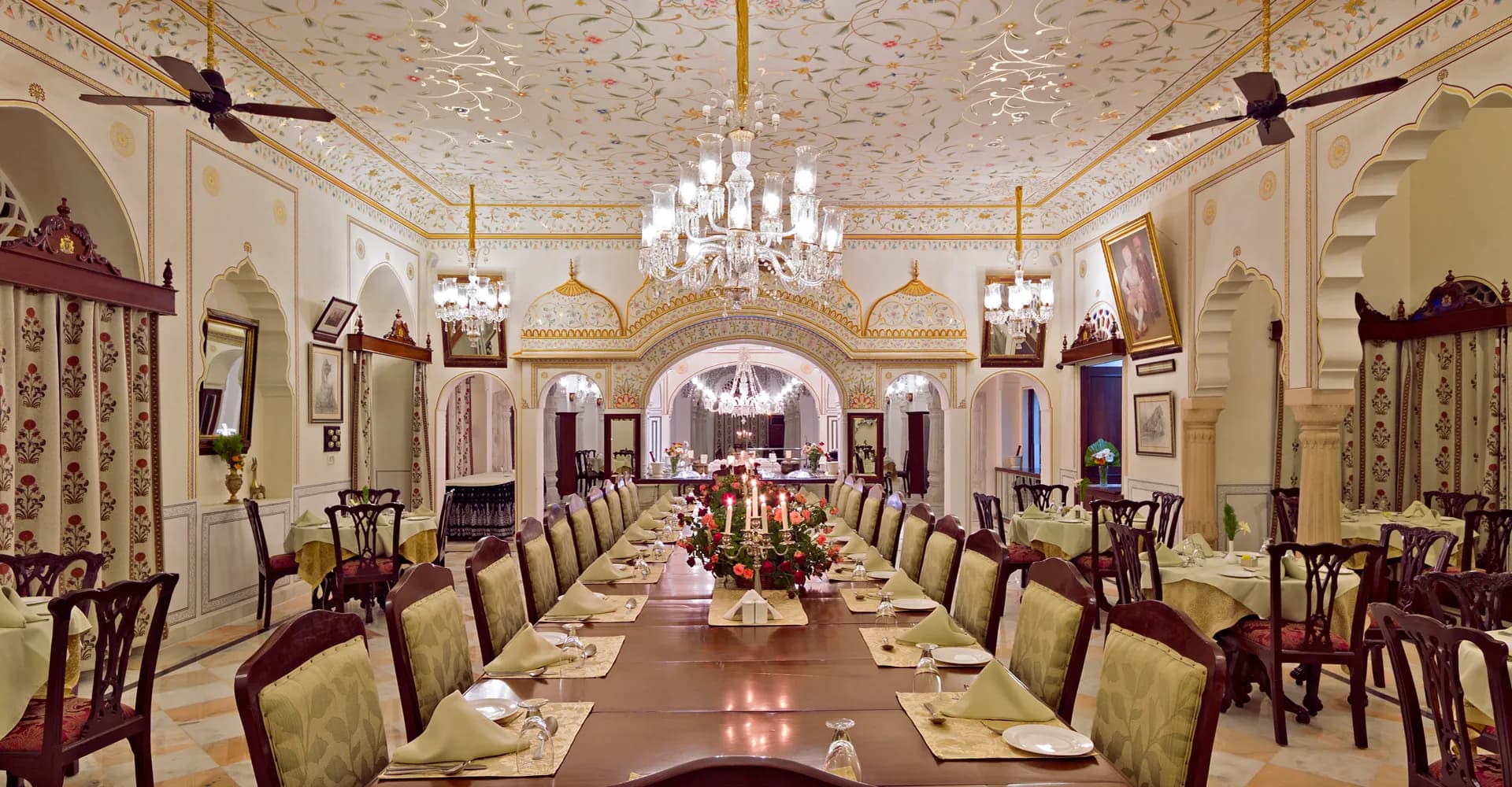 Arjun Mahal Banquet Hall with gold-leaf ceiling and chandeliers at Nahargarh Ranthambhore