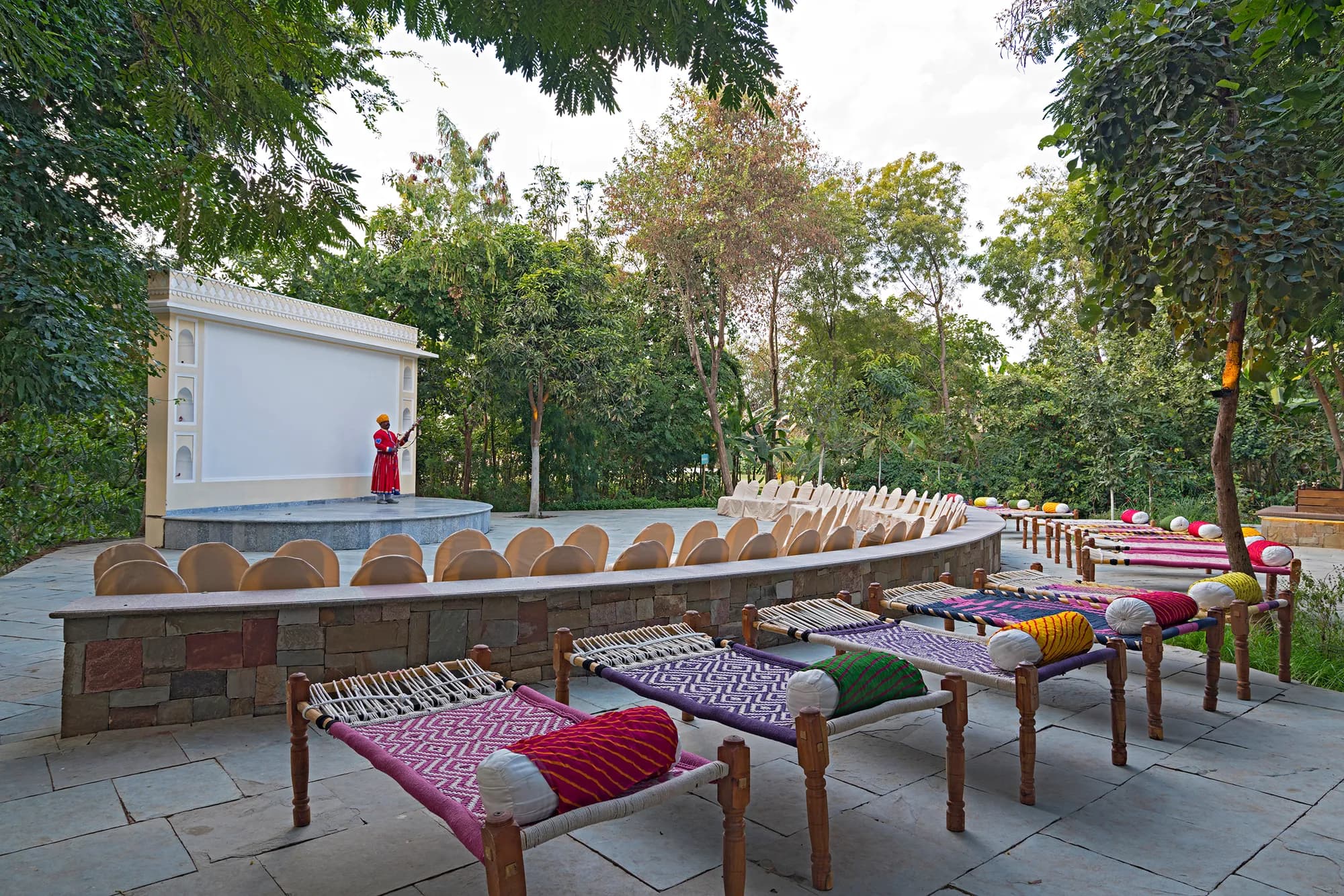 Reception setup in the gold-leaf Arjun Mahal Banquet Hall at Nahargarh Ranthambhore