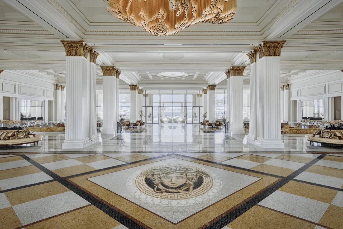 Grand marble lobby arrival with Versace detailing at Palazzo Versace Dubai