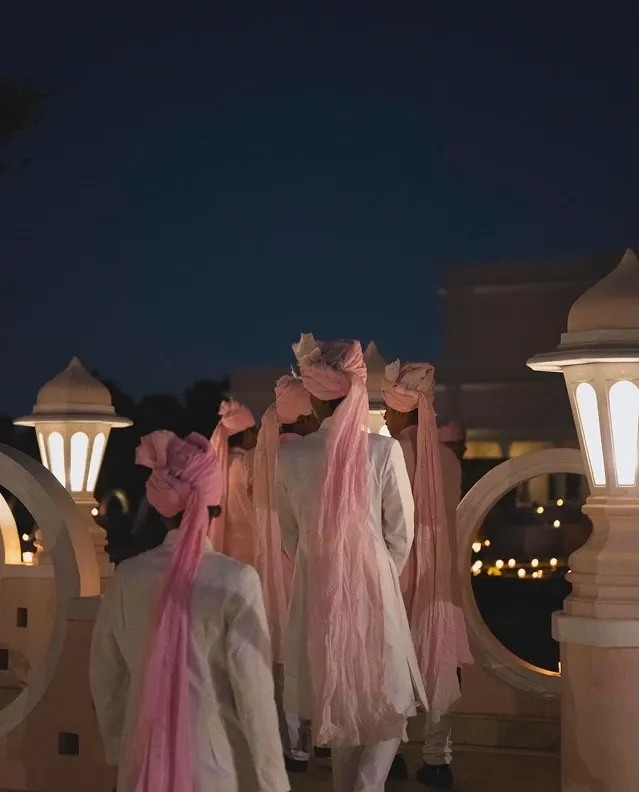 Main Lawn reception setup with floodlit Mehrangarh Fort backdrop at RAAS Jodhpur