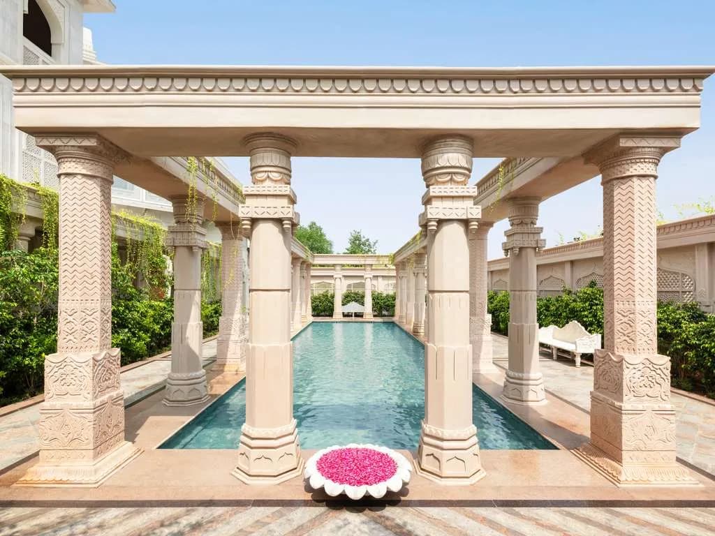 Arrival forecourt and atrium entrance at Raffles Jaipur in Kukas, Amer