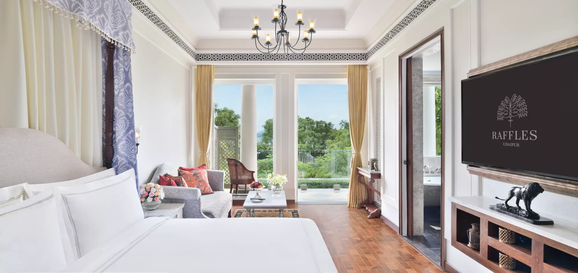 Couple's lake and Aravalli-hills backdrop at Raffles Udaipur island