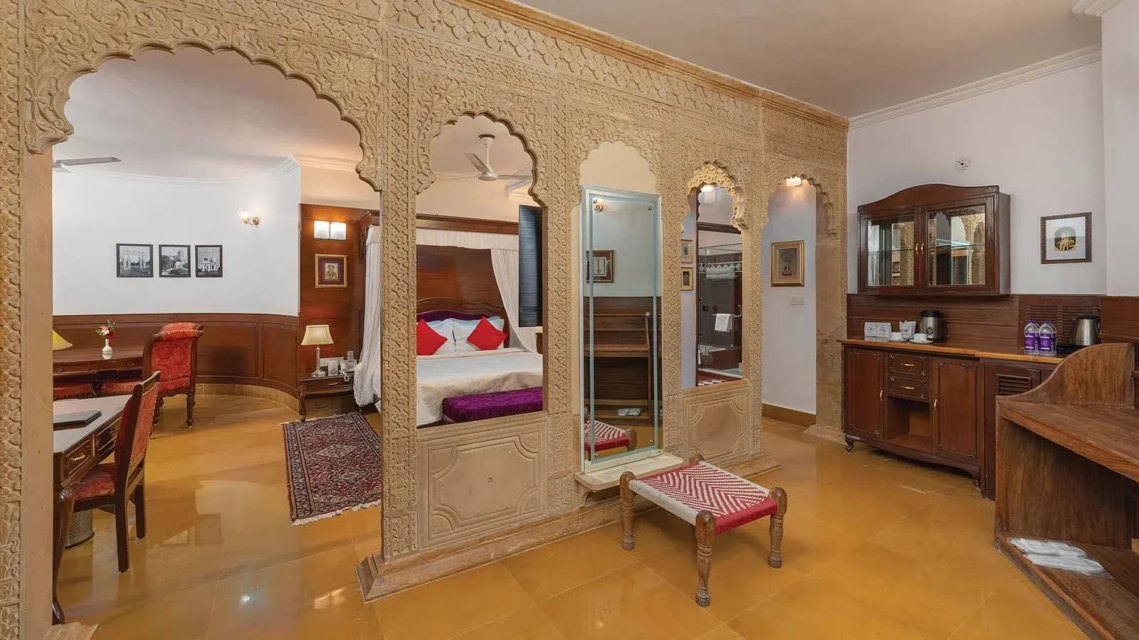 Heritage-style king-bed suite room for guests at Hotel Rang Mahal, Jaisalmer