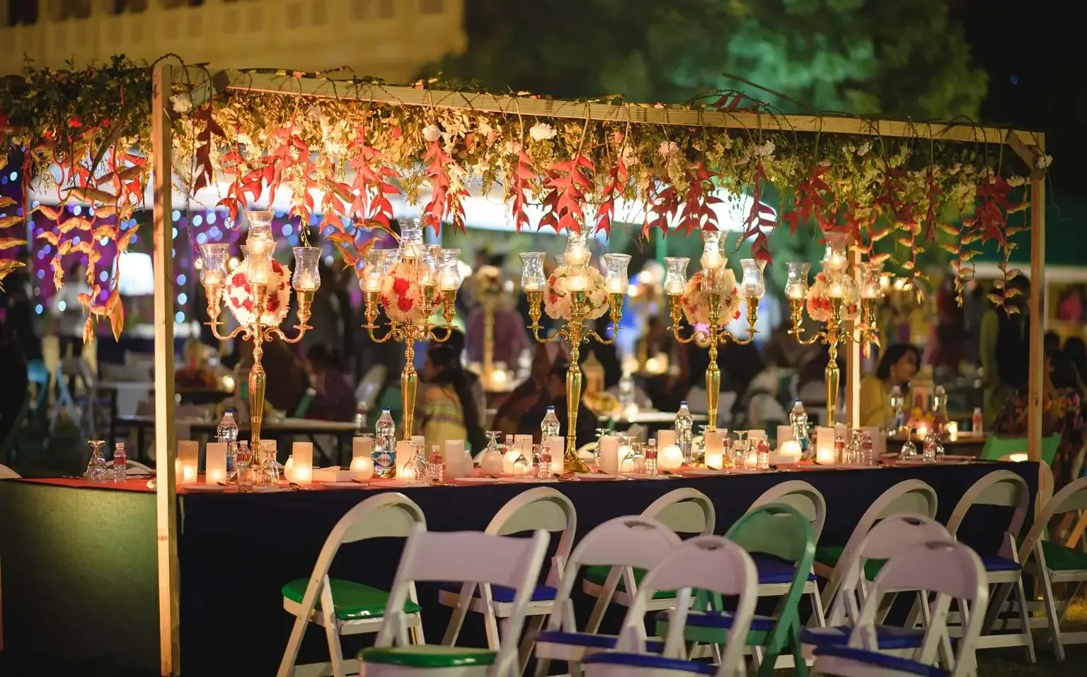 Outdoor lawn reception setup against golden sandstone at Hotel Rang Mahal, Jaisalmer