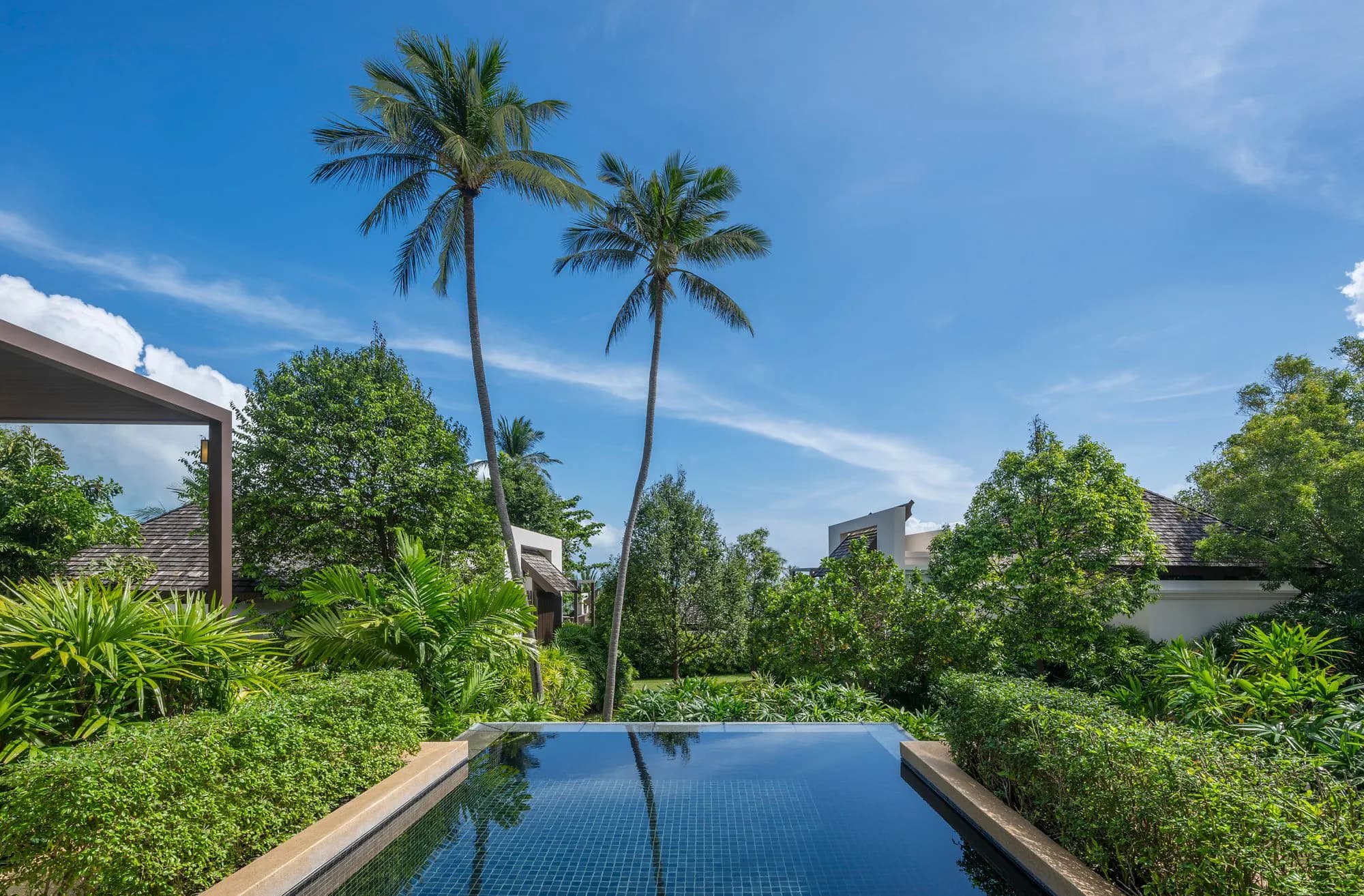 Private pool villa with infinity pool, palms and tropical garden at The Ritz-Carlton Koh Samui