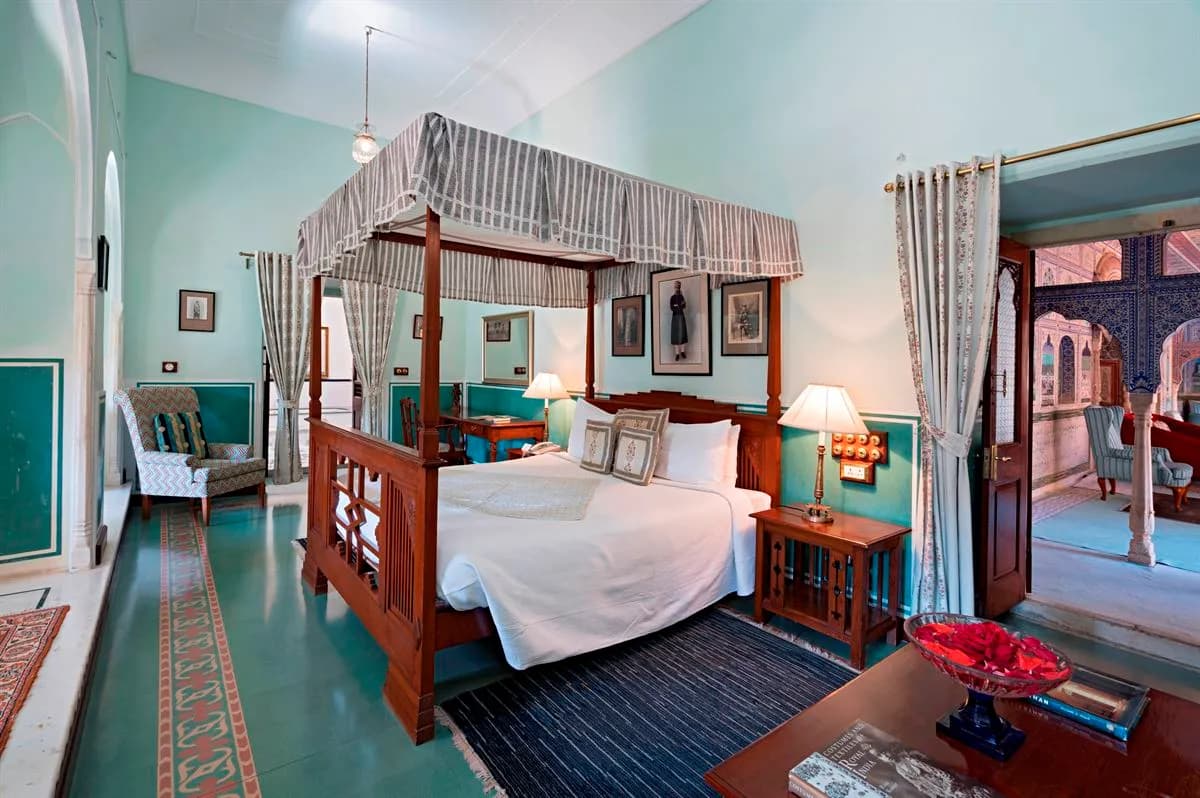 Bougainvillea-fringed courtyard and swimming pool at Samode Palace Jaipur