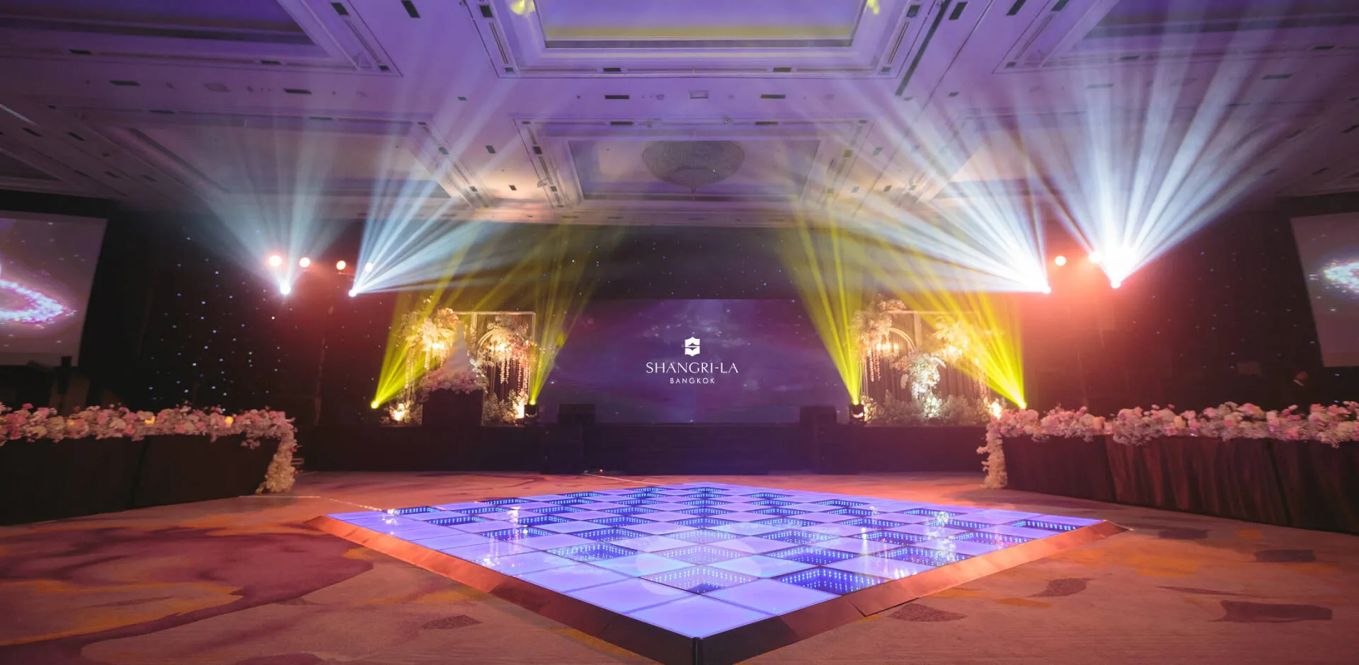 Grand Ballroom wedding setup at Shangri-La Bangkok on the Chao Phraya riverside