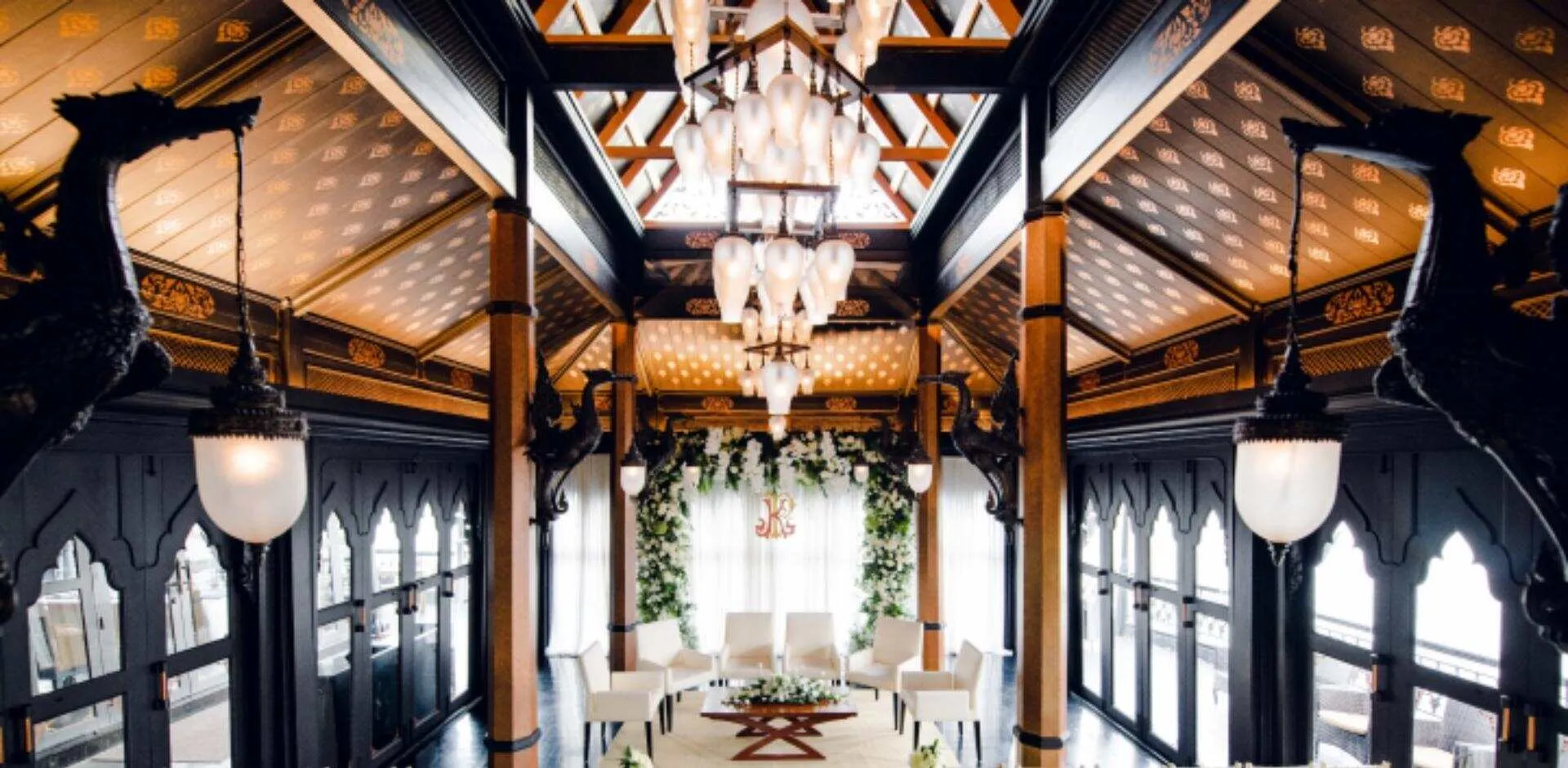 Riverside garden mandap and pheras ceremony setting at Shangri-La Bangkok