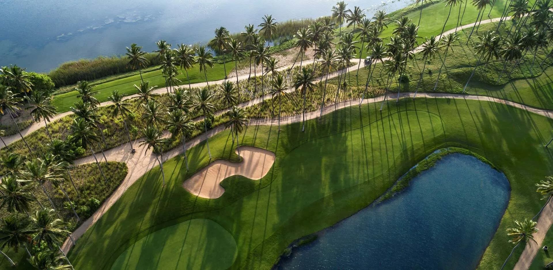 Golf course landscape overlooking the Indian Ocean at Shangri-La Hambantota, Sri Lanka
