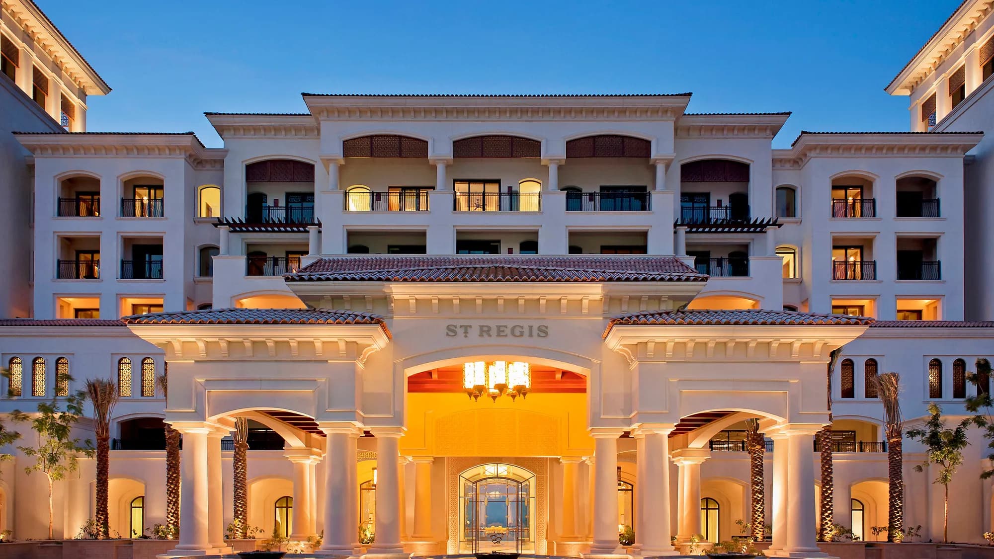 The St. Regis Saadiyat Island Resort illuminated above the Arabian Gulf at dusk, Saadiyat Island, Abu Dhabi