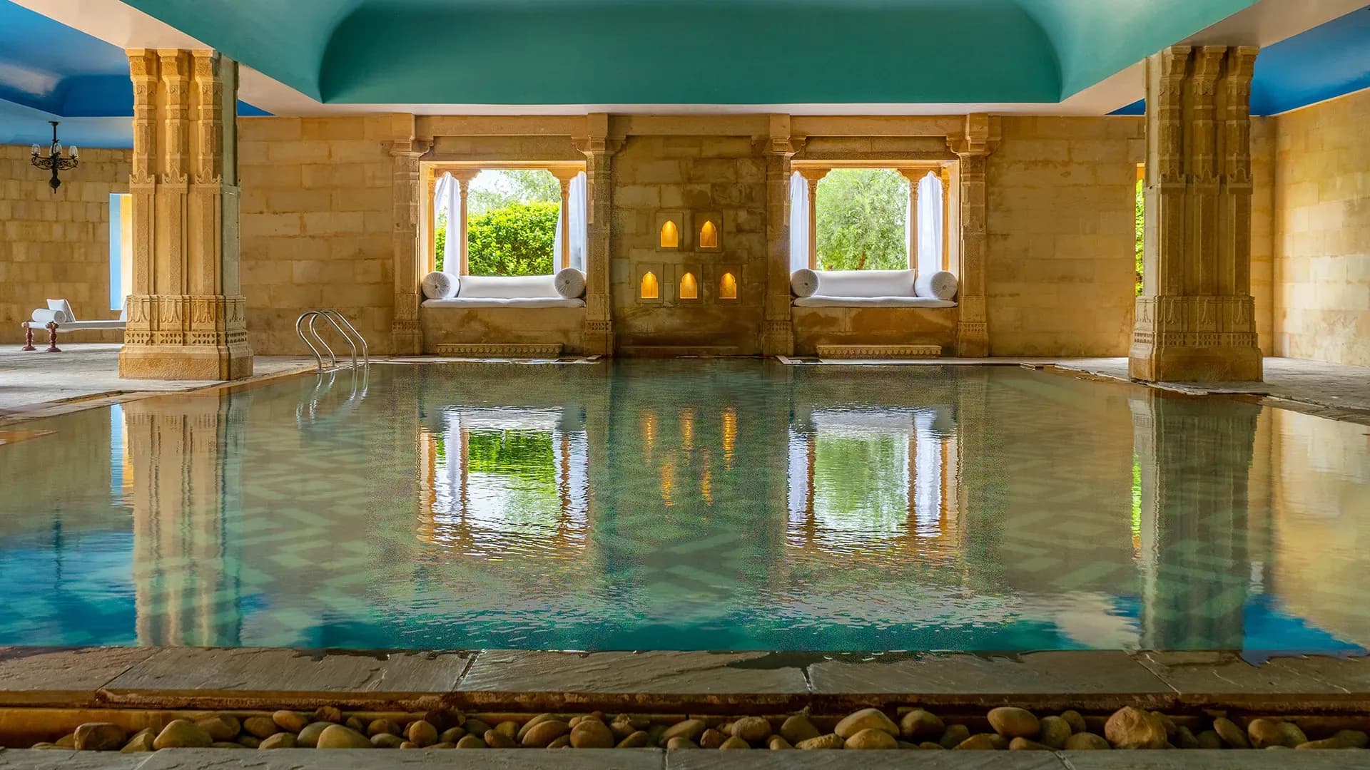 Sandstone courtyard and swimming pool at Suryagarh fort-hotel Jaisalmer
