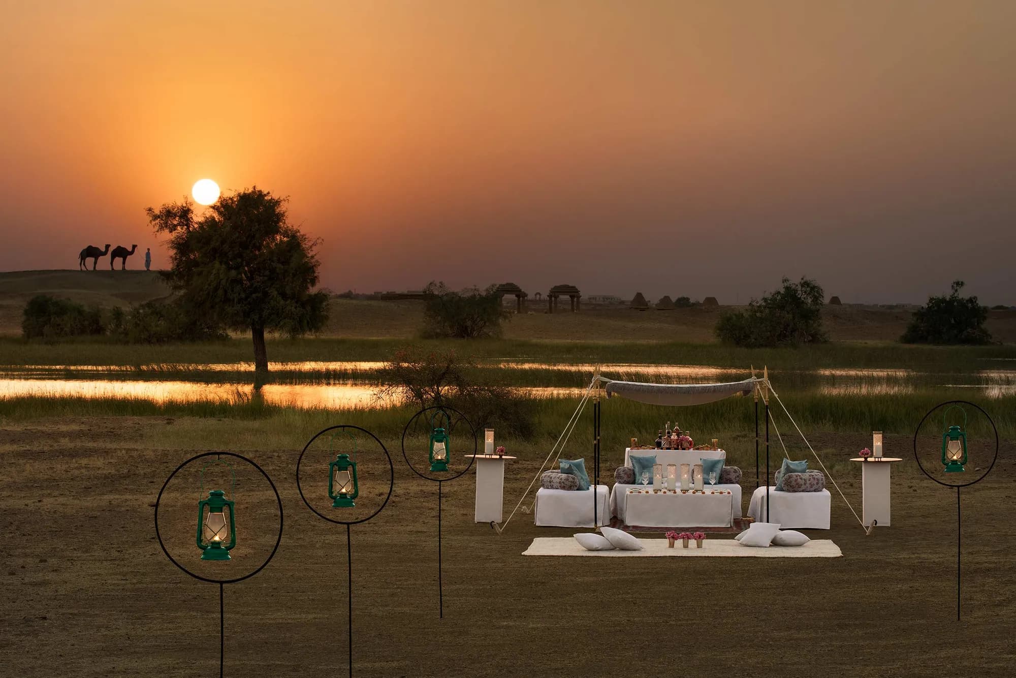 Suryagarh sandstone fort-hotel and the Thar dunes at golden hour, Jaisalmer