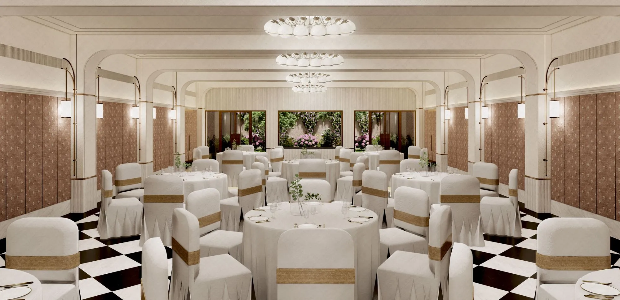 Indoor banquet venue with chandeliers set for a wedding celebration at Taj Sawai Ranthambore
