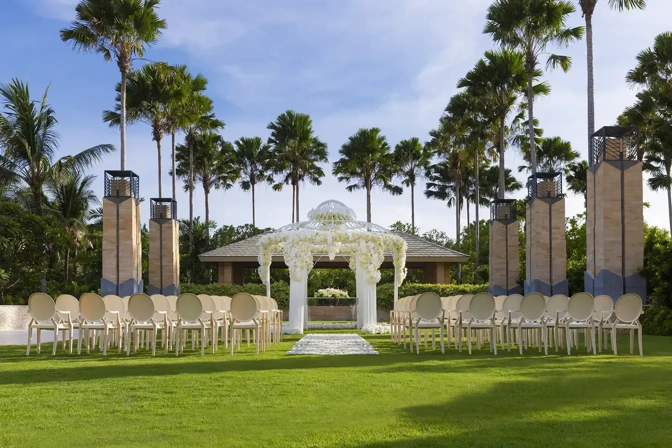 Eden Garden tropical wedding setting with greenery at The Mulia Bali, Nusa Dua