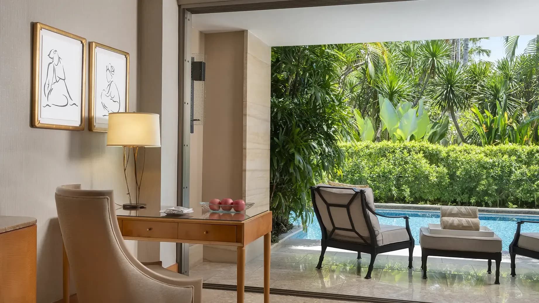 Mulia Signature suite lagoon-side dining setup at Mulia Resort, The Mulia Bali, Nusa Dua