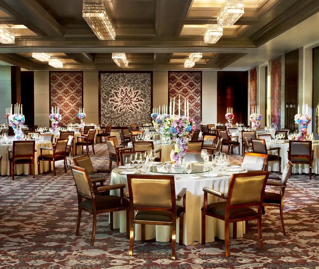 Astor Ballroom at The St. Regis Bangkok set for an elegant wedding with chandeliers and city views
