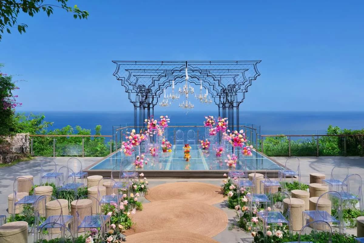 Indian wedding ceremony setup on the Glass Stage at Tirtha Uluwatu, Bali
