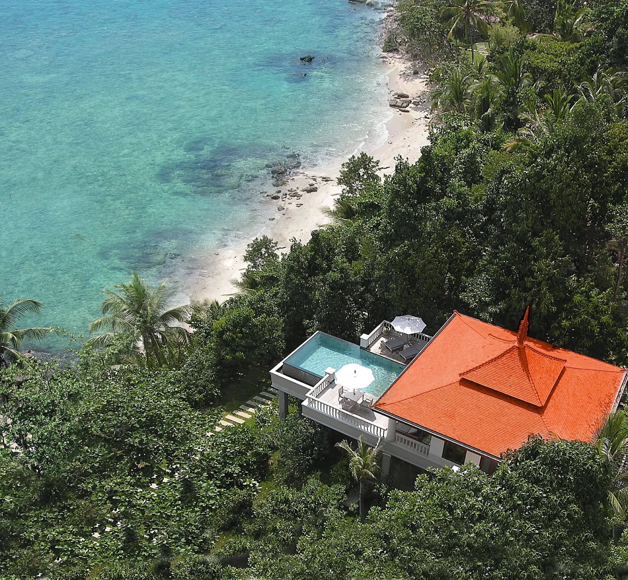 Trisara Phuket private pool villa interior and infinity pool with Andaman Sea view
